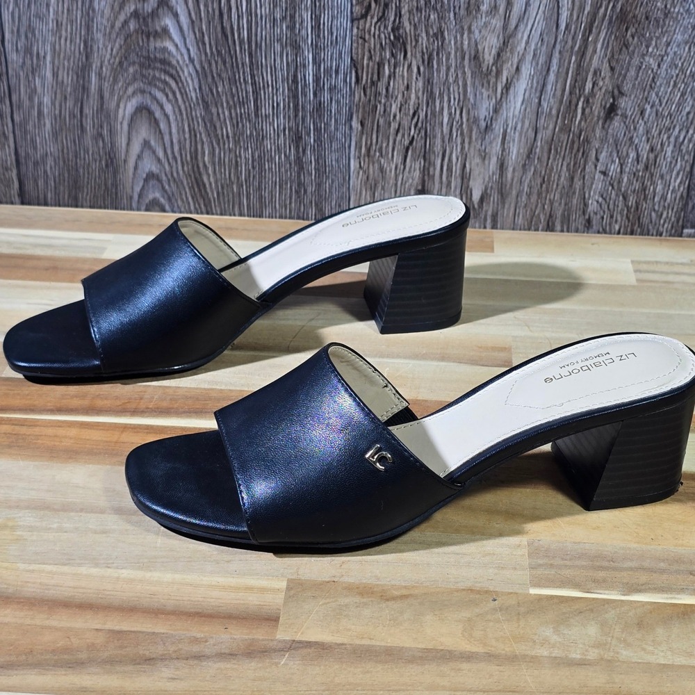 Liz Claiborne Black Leather Open-Toe Mid Block Heel Mules
